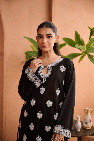 SS24DC-2460 BLACK 2PCS EMBROIDERED KURTA WITH TROUSER