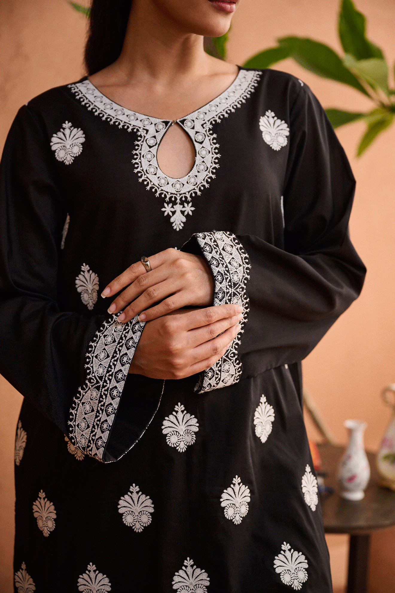 SS24DC-2460 BLACK 2PCS EMBROIDERED KURTA WITH TROUSER