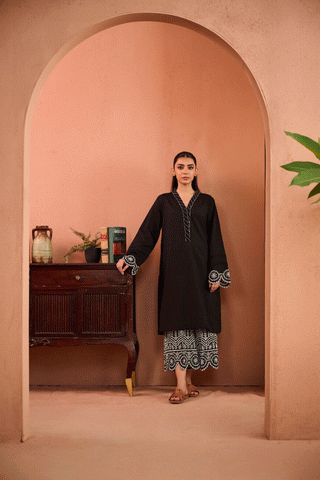 SS24DC-2458 BLACK 2PCS EMBROIDERED KURTA WITH TROUSER