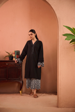 SS24DC-2458 BLACK 2PCS EMBROIDERED KURTA WITH TROUSER