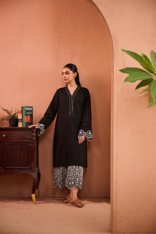 SS24DC-2458 BLACK 2PCS EMBROIDERED KURTA WITH TROUSER