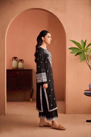 SS24DC-2451 BLACK 2PCS EMBROIDERED KURTA WITH TROUSER