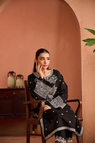 SS24DC-2451 BLACK 2PCS EMBROIDERED KURTA WITH TROUSER