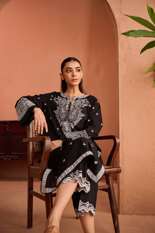 SS24DC-2451 BLACK 2PCS EMBROIDERED KURTA WITH TROUSER