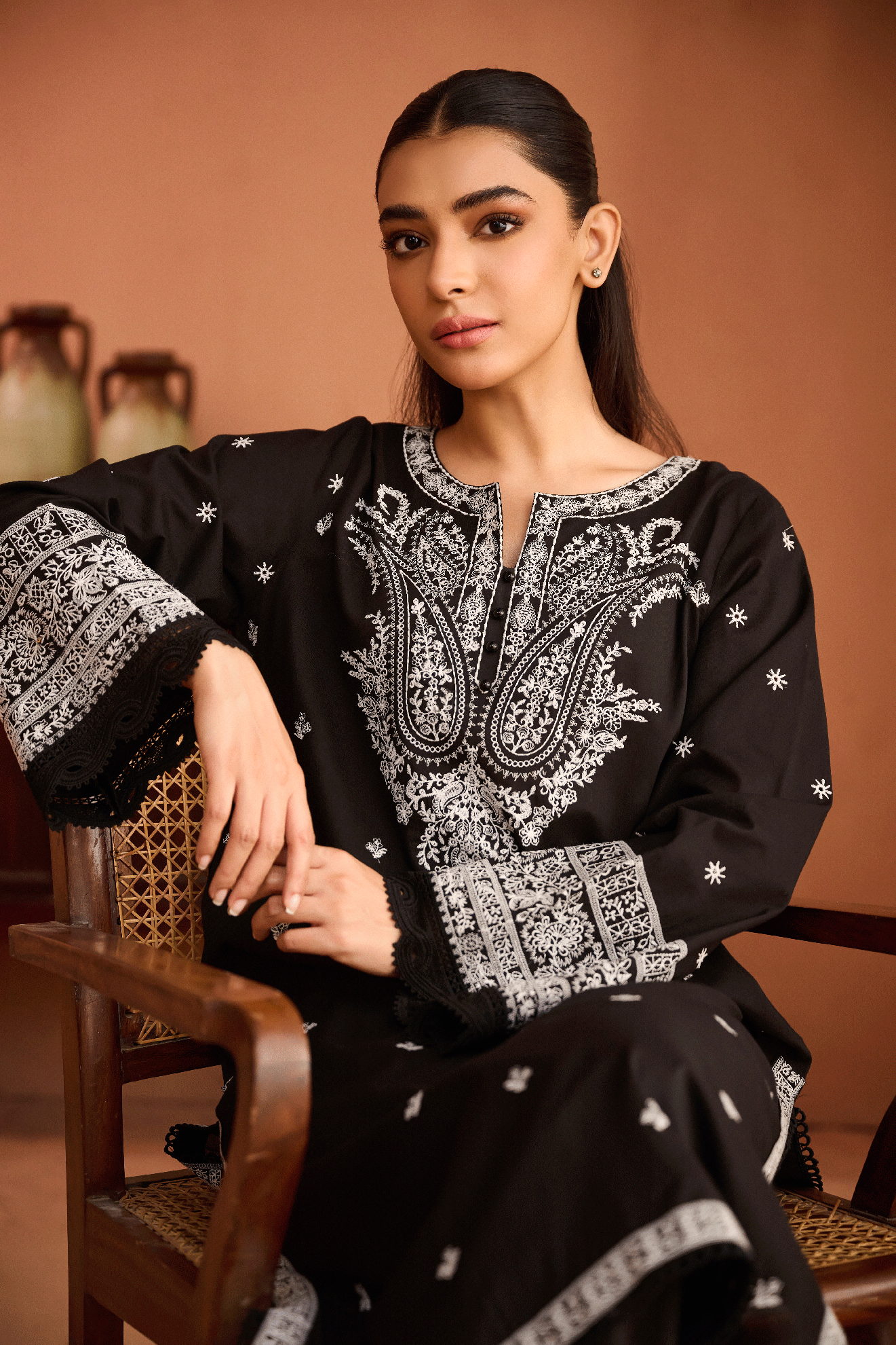 SS24DC-2451 BLACK 2PCS EMBROIDERED KURTA WITH TROUSER