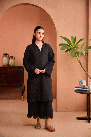 SS24DC-2456 BLACK 2PCS EMBROIDERED KURTA WITH TROUSER