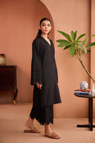 SS24DC-2456 BLACK 2PCS EMBROIDERED KURTA WITH TROUSER