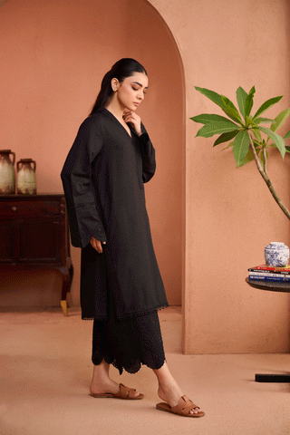 SS24DC-2456 BLACK 2PCS EMBROIDERED KURTA WITH TROUSER