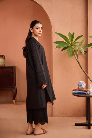 SS24DC-2456 BLACK 2PCS EMBROIDERED KURTA WITH TROUSER