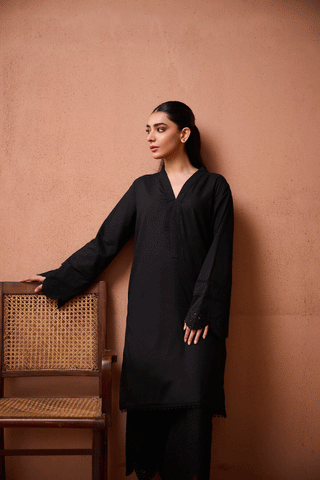 SS24DC-2456 BLACK 2PCS EMBROIDERED KURTA WITH TROUSER