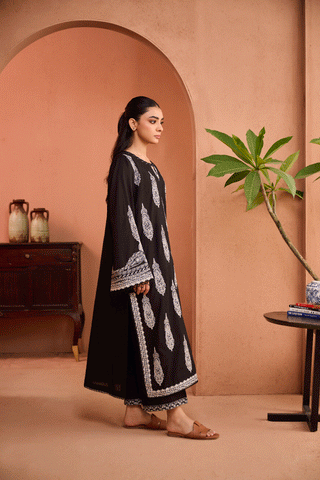 SS24DC-2461 BLACK 2PCS EMBROIDERED KURTA WITH TROUSER