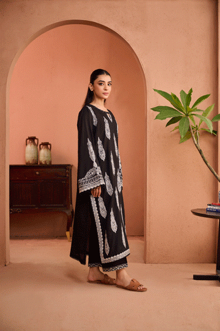 SS24DC-2461 BLACK 2PCS EMBROIDERED KURTA WITH TROUSER