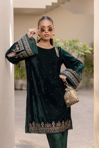 FW24DA-2622   DARK GREEN  2PCS  EMBROIDERED KURTA WITH TROUSER