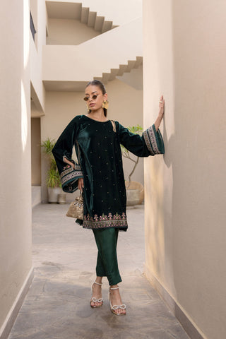 FW24DA-2622   DARK GREEN  2PCS  EMBROIDERED KURTA WITH TROUSER