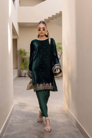 FW24DA-2622   DARK GREEN  2PCS  EMBROIDERED KURTA WITH TROUSER