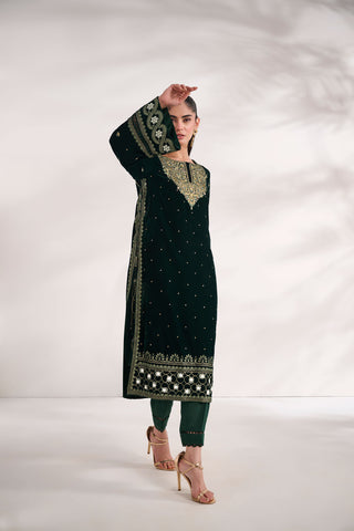 FW24DA-2616   DARK GREEN  2PCS  EMBROIDERED KURTA WITH TROUSER