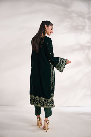 FW24DA-2616   DARK GREEN  2PCS  EMBROIDERED KURTA WITH TROUSER