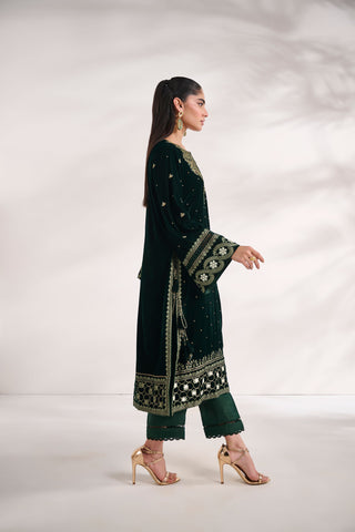 FW24DA-2616   DARK GREEN  2PCS  EMBROIDERED KURTA WITH TROUSER