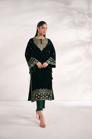 FW24DA-2616   DARK GREEN  2PCS  EMBROIDERED KURTA WITH TROUSER