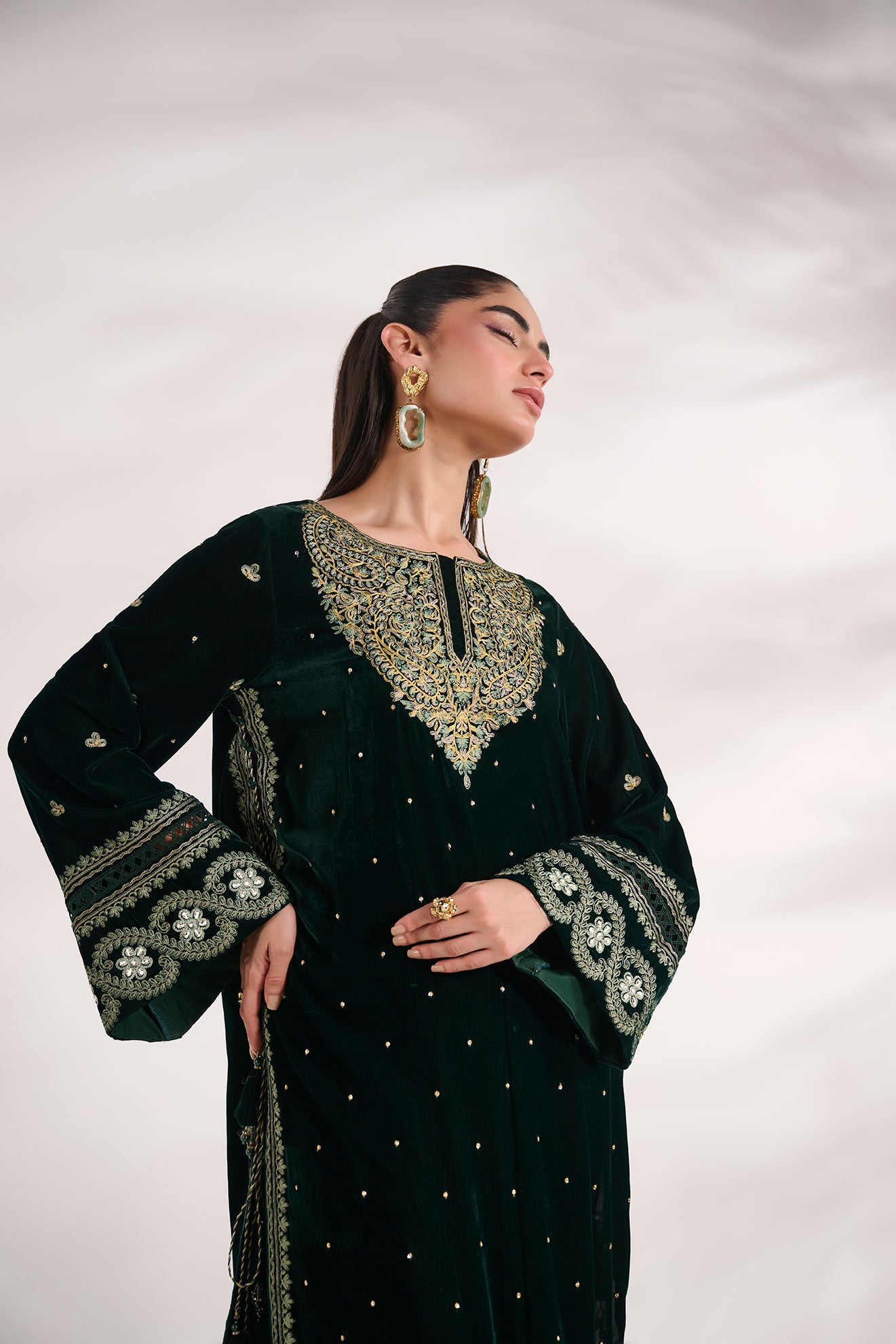 FW24DA-2616   DARK GREEN  2PCS  EMBROIDERED KURTA WITH TROUSER