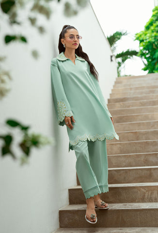 SS25DC-2569 MINT GREEN 2PCS  EMBROIDERED KURTA WITH TROUSER