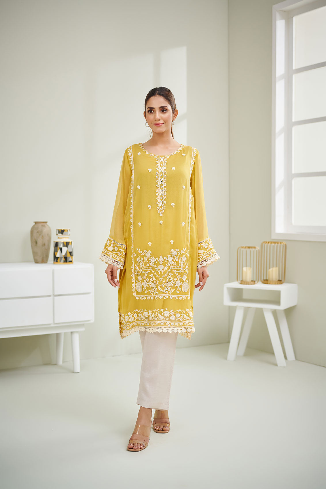 DA-1597 YELLOW EMBROIDERED KURTA