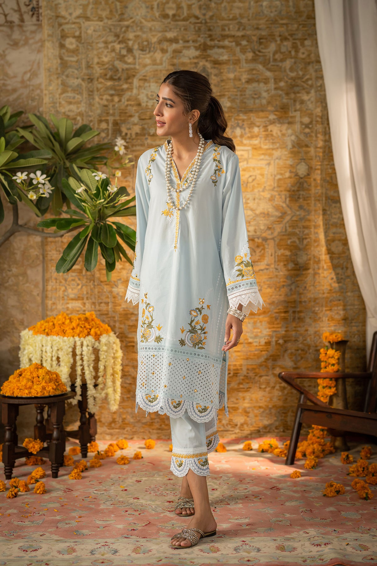 DC-2058 SKY BLUE 2PCS  EMBROIDERED KURTA WITH TROUSER