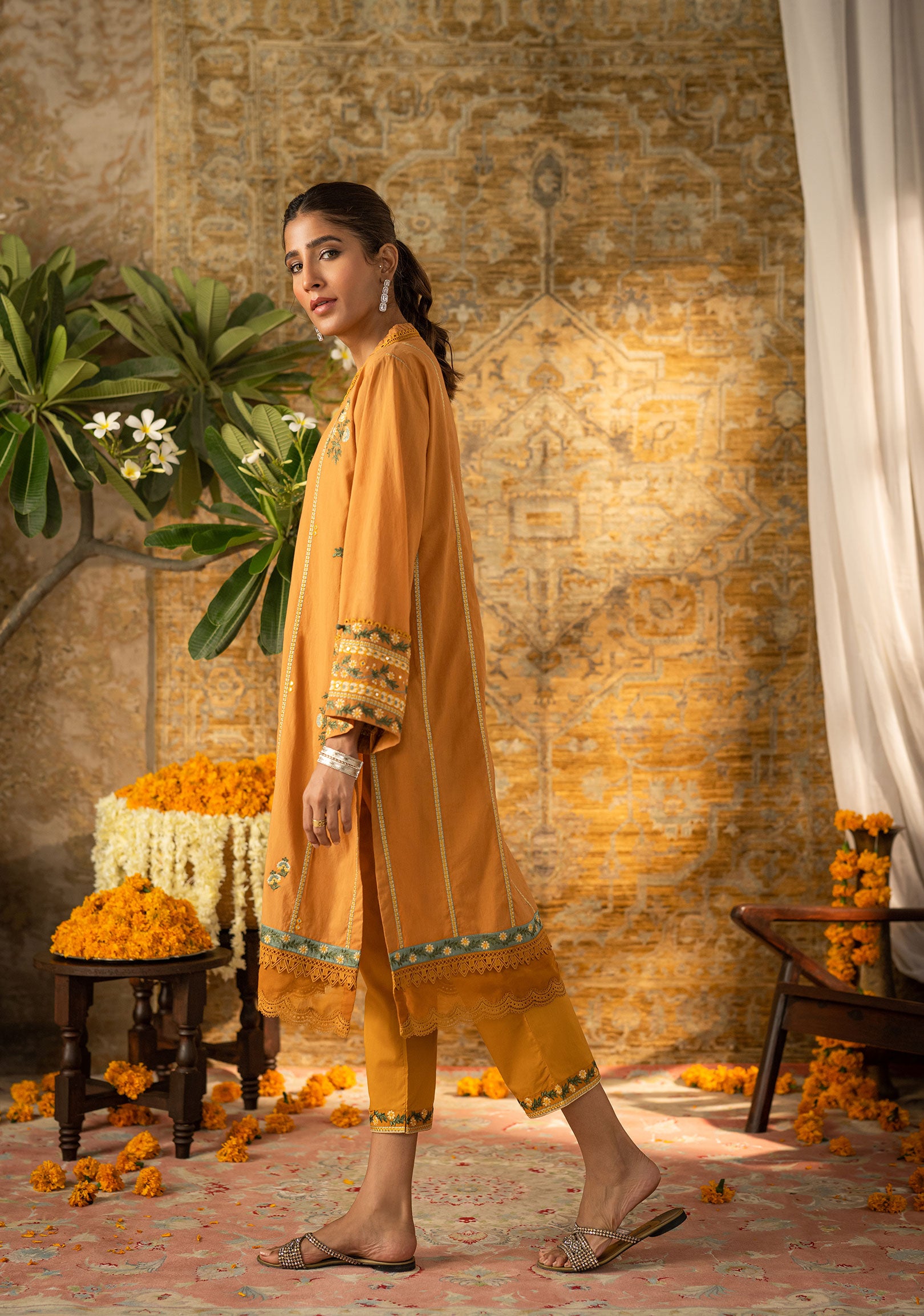 DC-2059 MUSTARD 2PCS  EMBROIDERED KURTA WITH TROUSER