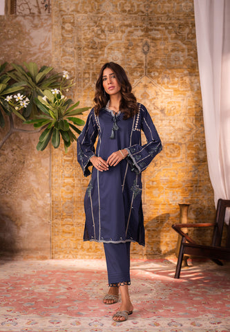 DC-2060 NAVY BLUE 2PCS  EMBROIDERED KURTA WITH TROUSER