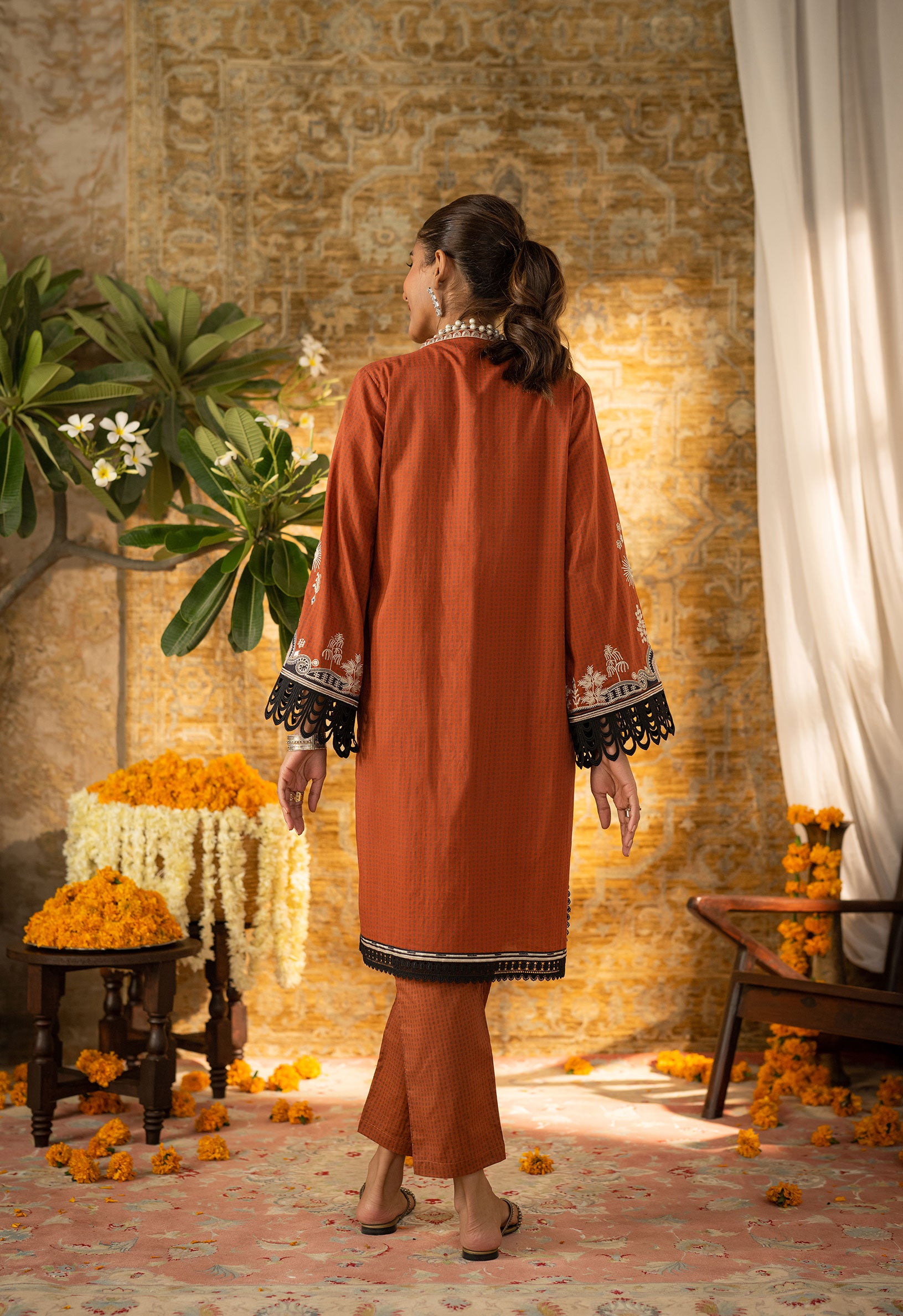 DC-2066 RUST 2PCS  EMBROIDERED KURTA WITH TROUSER
