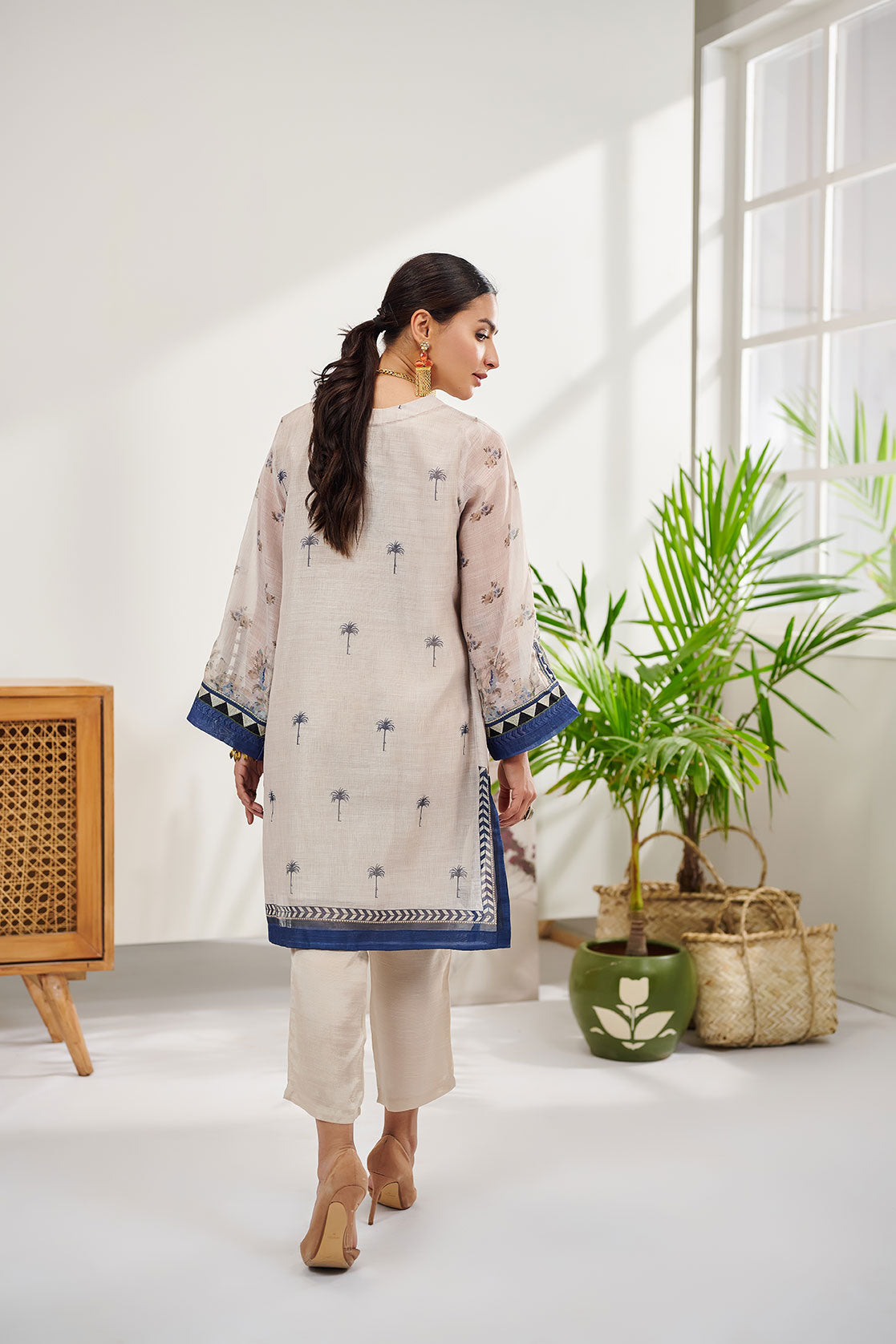 DC-0387 BEIGE 2PCS  EMBROIDERED KURTA WITH TROUSER