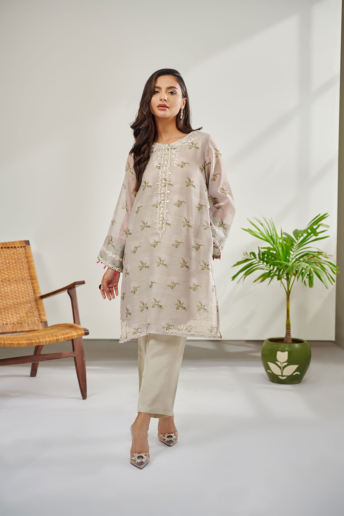 DC-0390 BEIGE 2PCS  EMBROIDERED KURTA WITH TROUSER