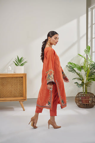 DC-0412 RUST 2PCS  EMBROIDERED KURTA WITH TROUSER