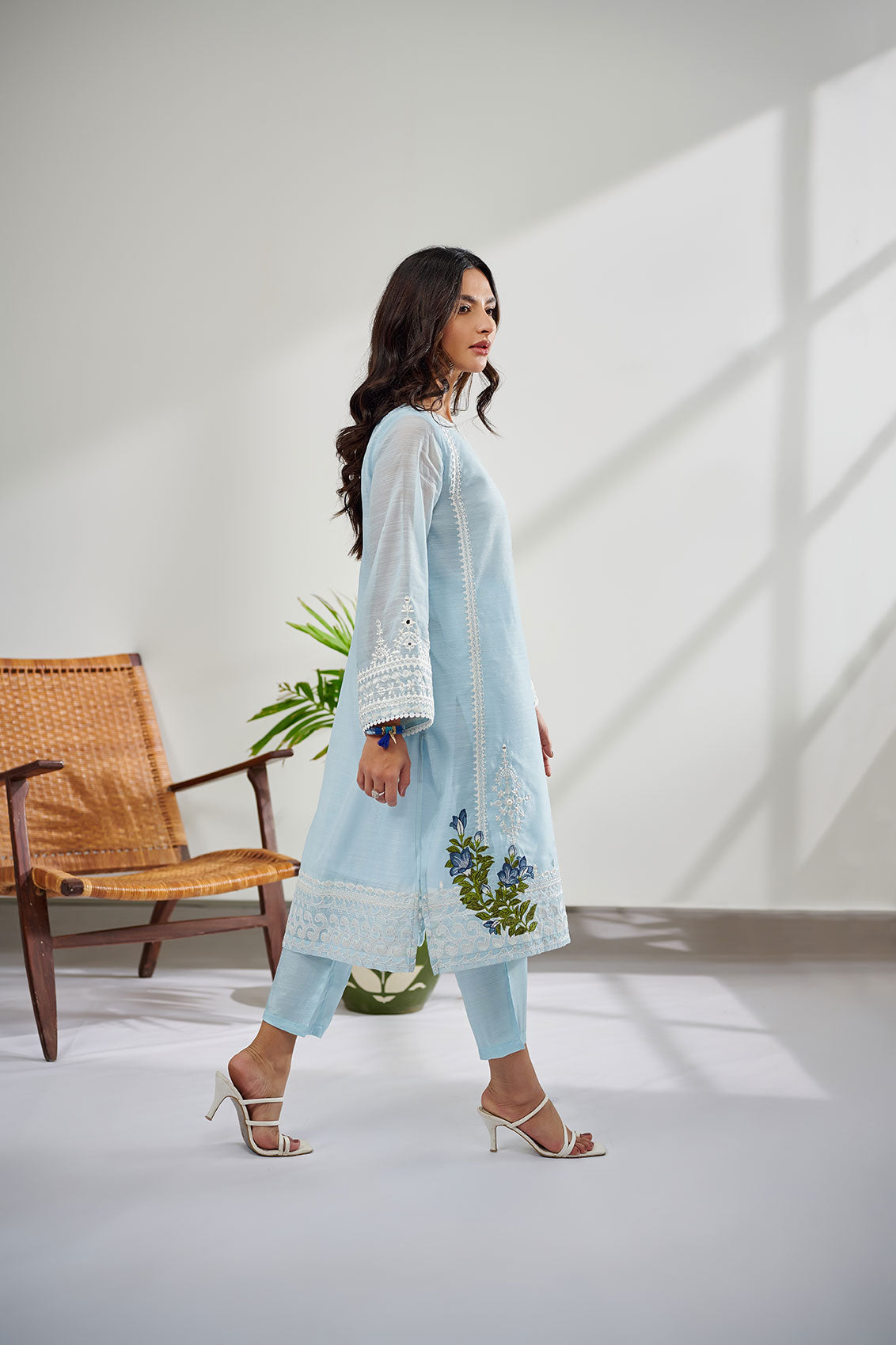 DC-0413 SKY BLUE 2PCS  EMBROIDERED KURTA WITH TROUSER