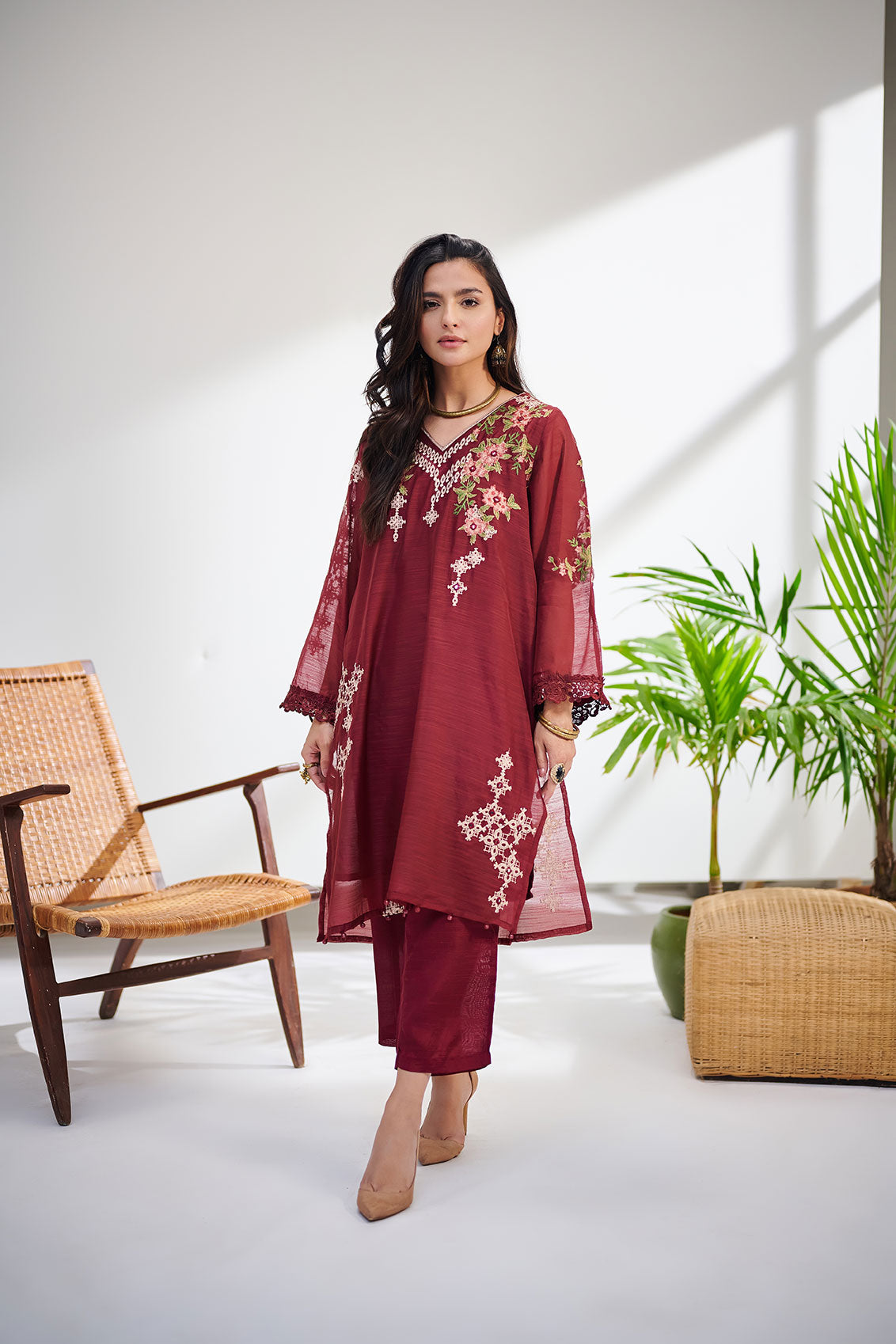 DC-0414 MAROON 2PCS  EMBROIDERED KURTA WITH TROUSER