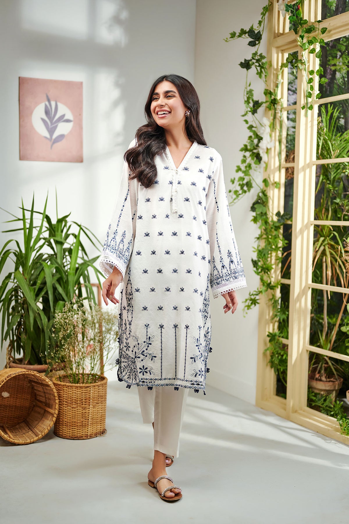 DC-2001 WHITE 2PCS  EMBROIDERED KURTA WITH TROUSER