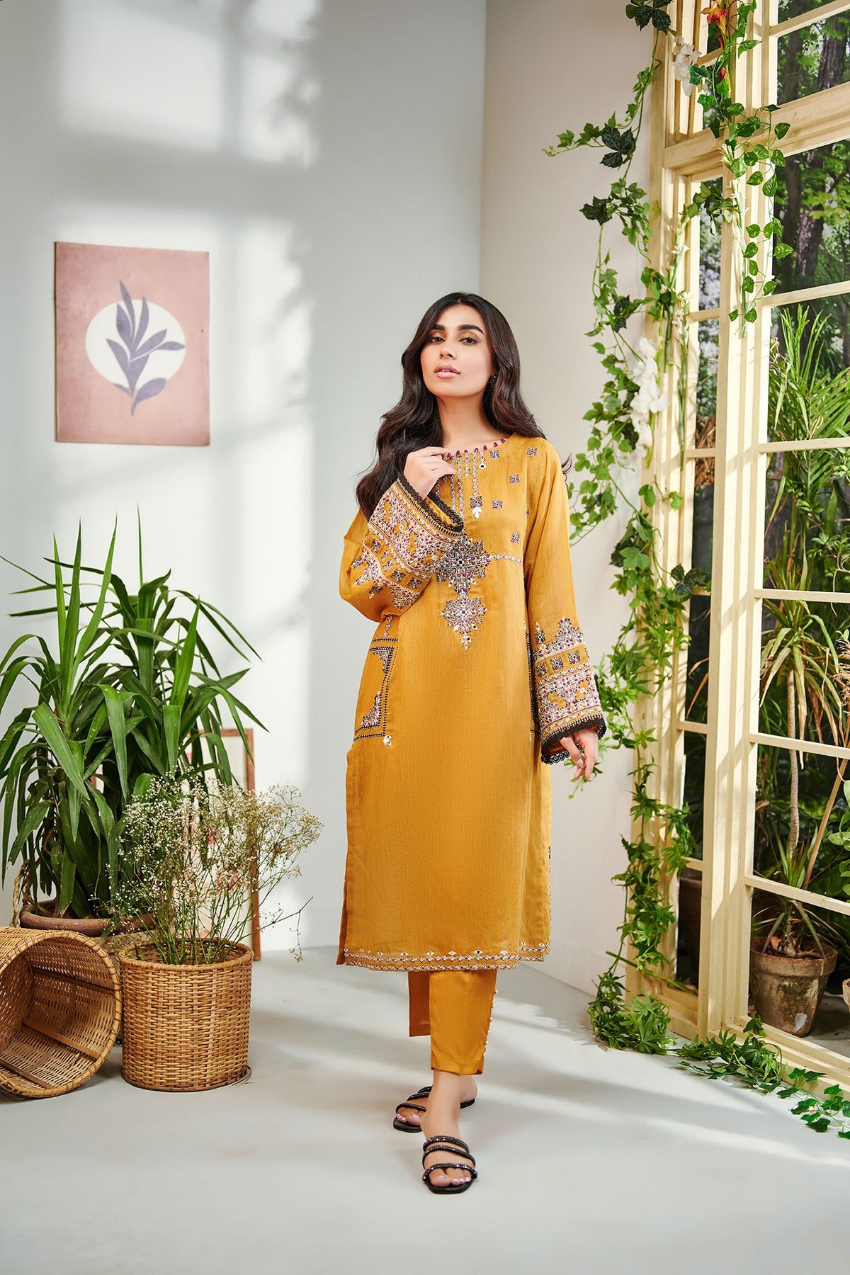 DC-2008 YELLOW 2PCS EMBROIDERED KURTA WITH TROUSER