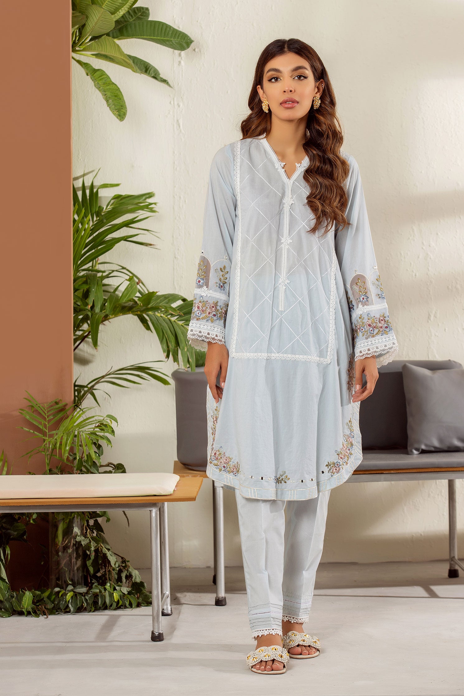 DC-2012 SKY BLUE 2PCS EMBROIDERED KURTA WITH TROUSER