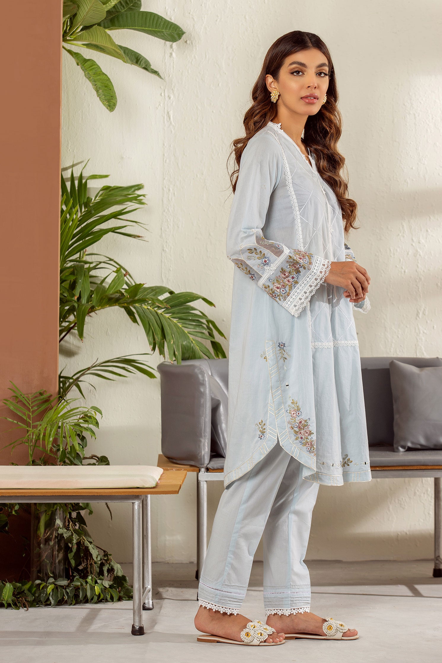 DC-2012 SKY BLUE 2PCS EMBROIDERED KURTA WITH TROUSER