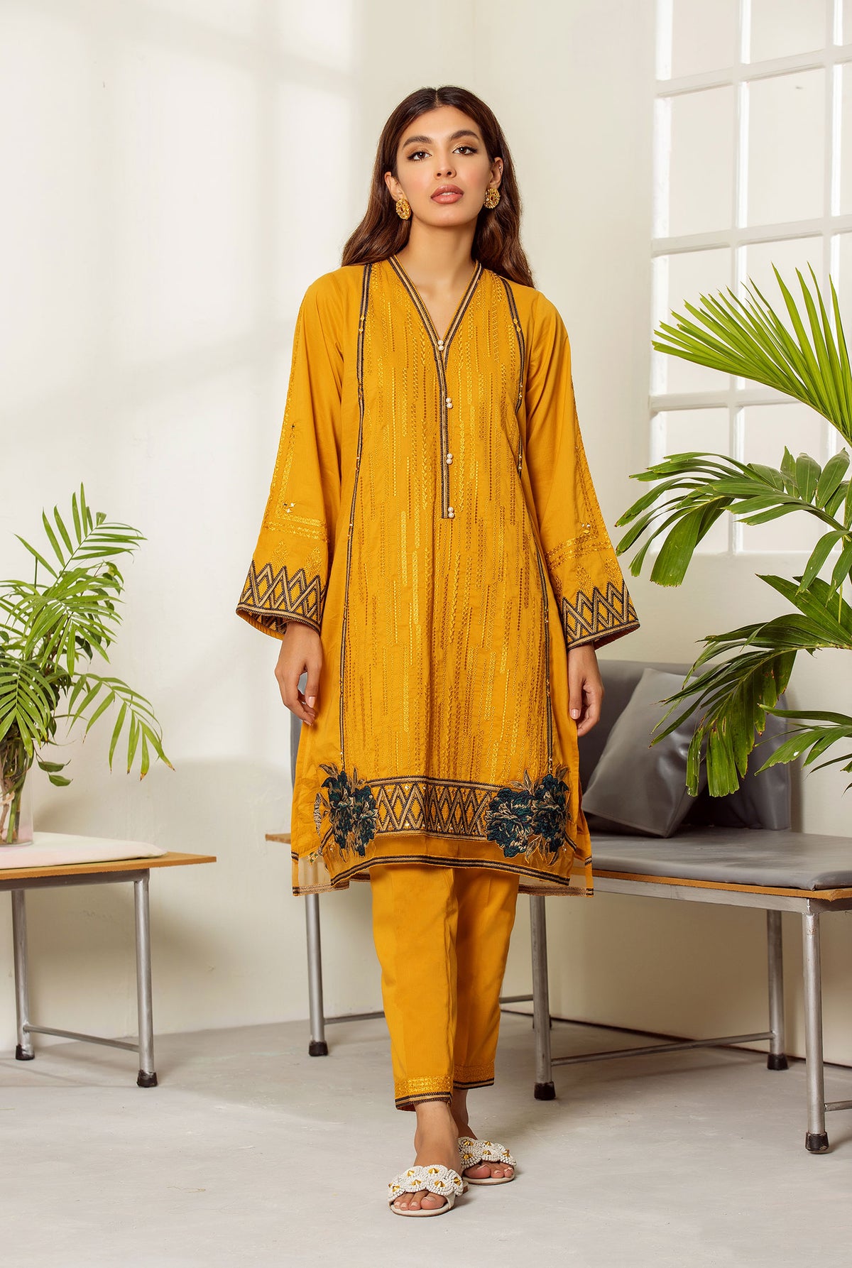 DC-2015 YELLOW 2PCS EMBROIDERED KURTA WITH TROUSER