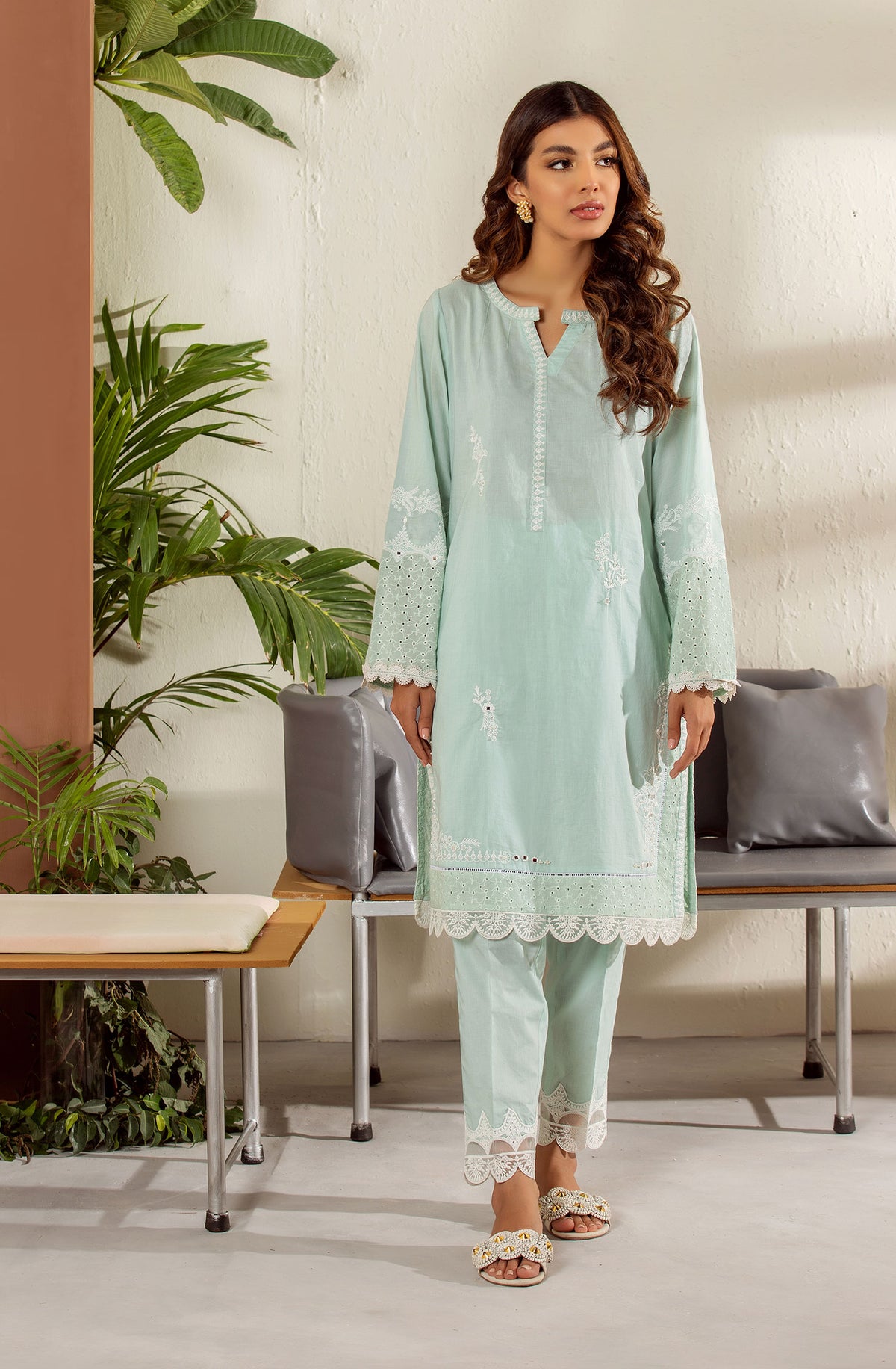 DC-2016 L-GREEN 2PCS EMBROIDERED KURTA WITH TROUSER