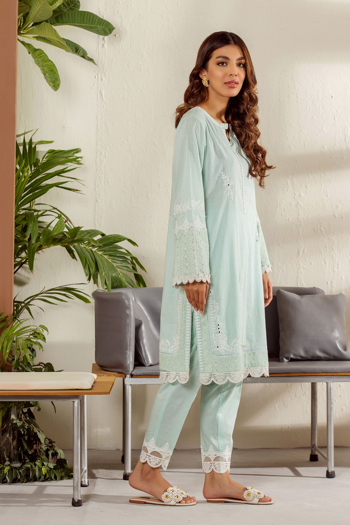 DC-2016 L-GREEN 2PCS EMBROIDERED KURTA WITH TROUSER