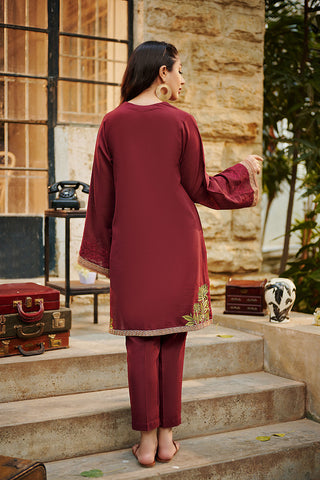 DC-2028 MAROON 2PCS EMBROIDERED KURTA WITH TROUSER