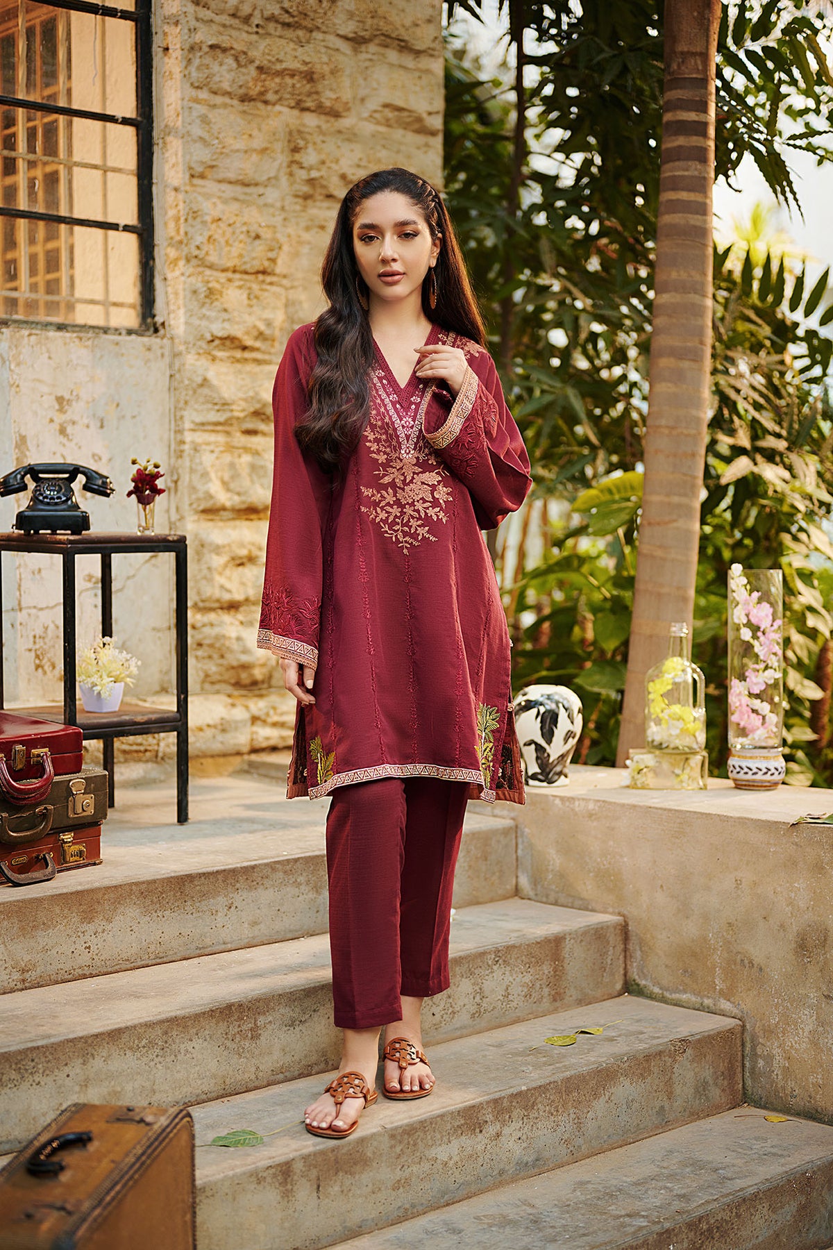 DC-2028 MAROON 2PCS EMBROIDERED KURTA WITH TROUSER