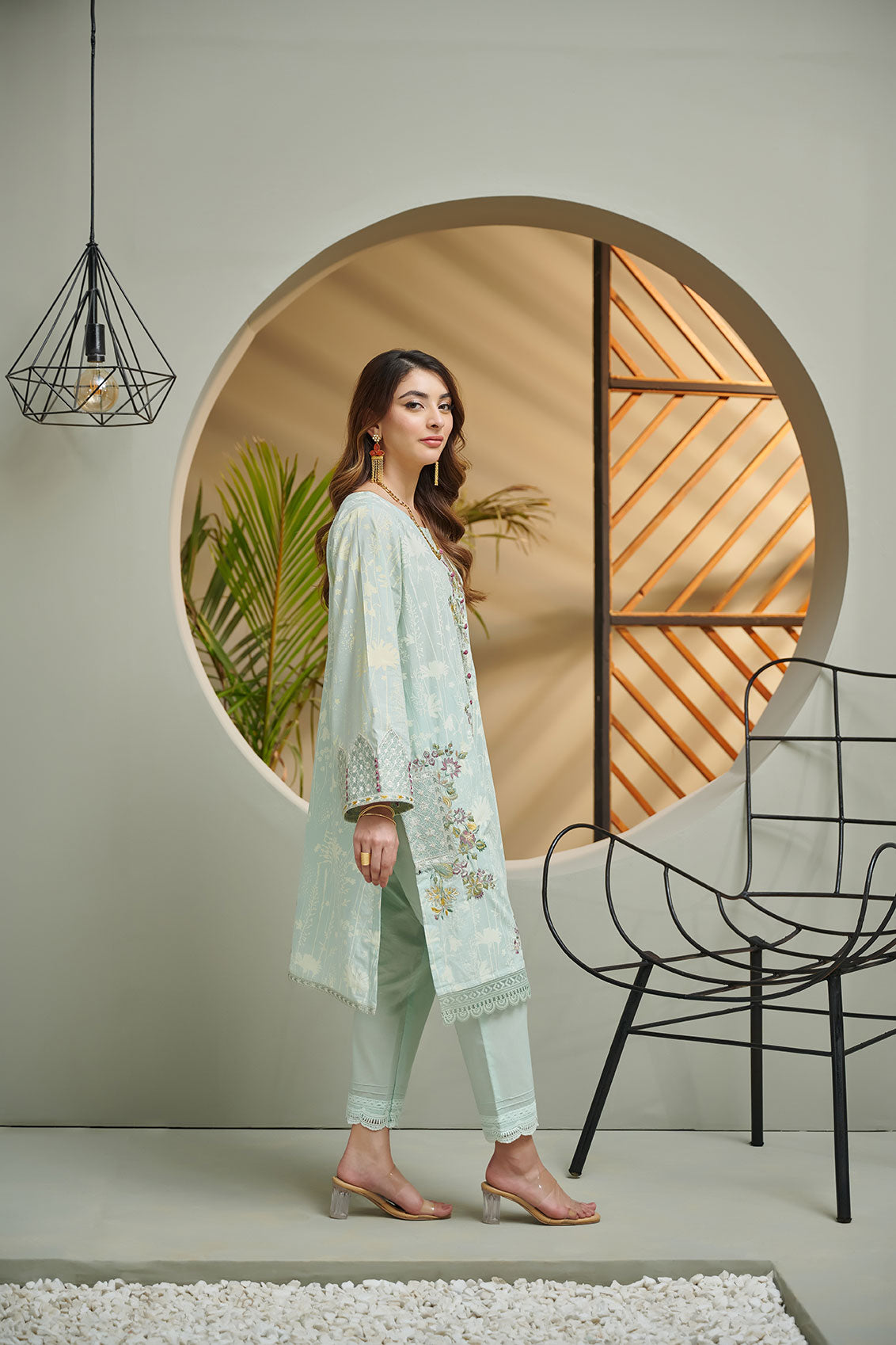 DC-2035 LIGHT GREEN 2PCS  EMBROIDERED KURTA WITH TROUSER