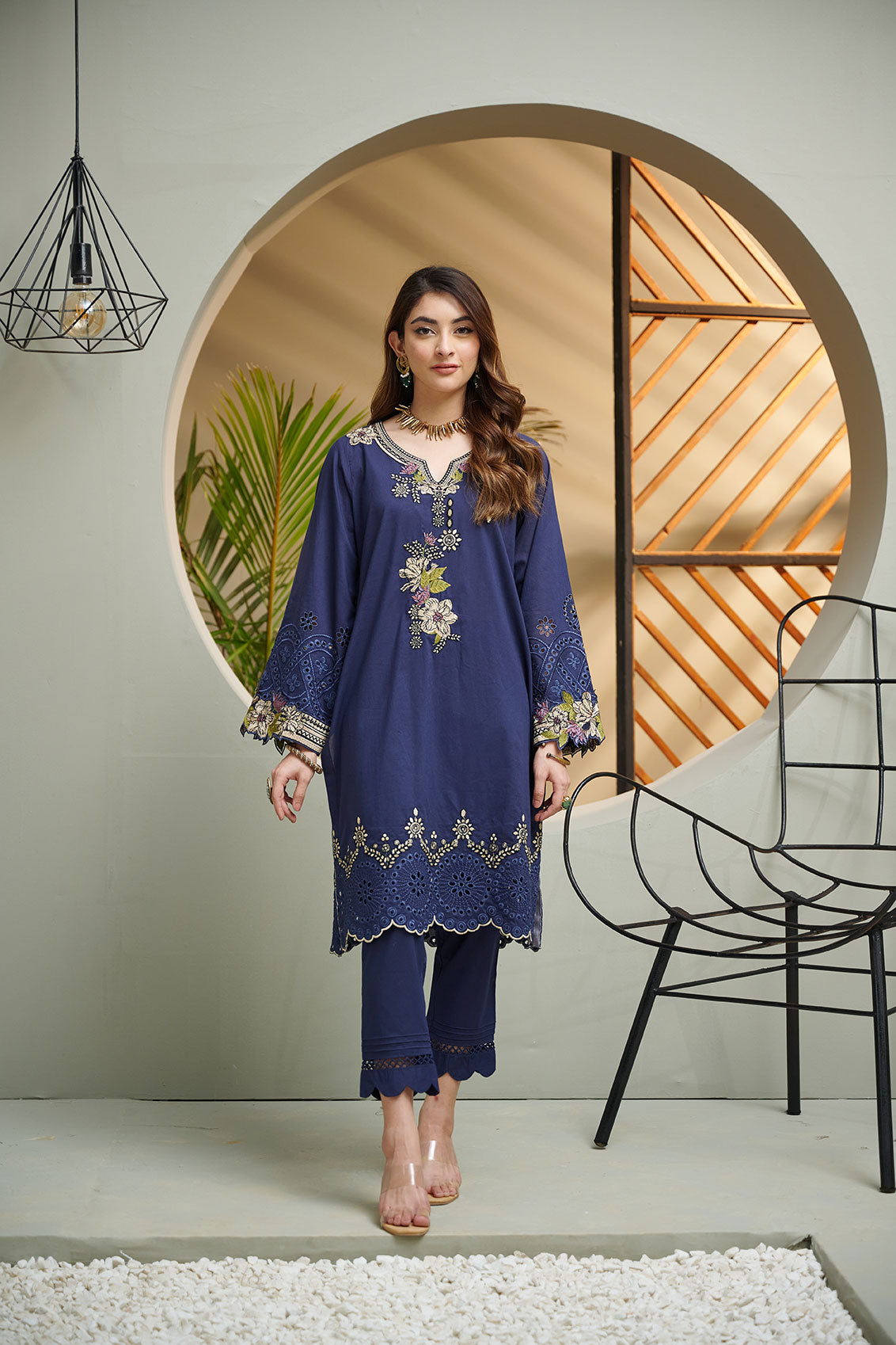DC-2039 NAVY BLUE 2PCS  EMBROIDERED KURTA WITH TROUSER
