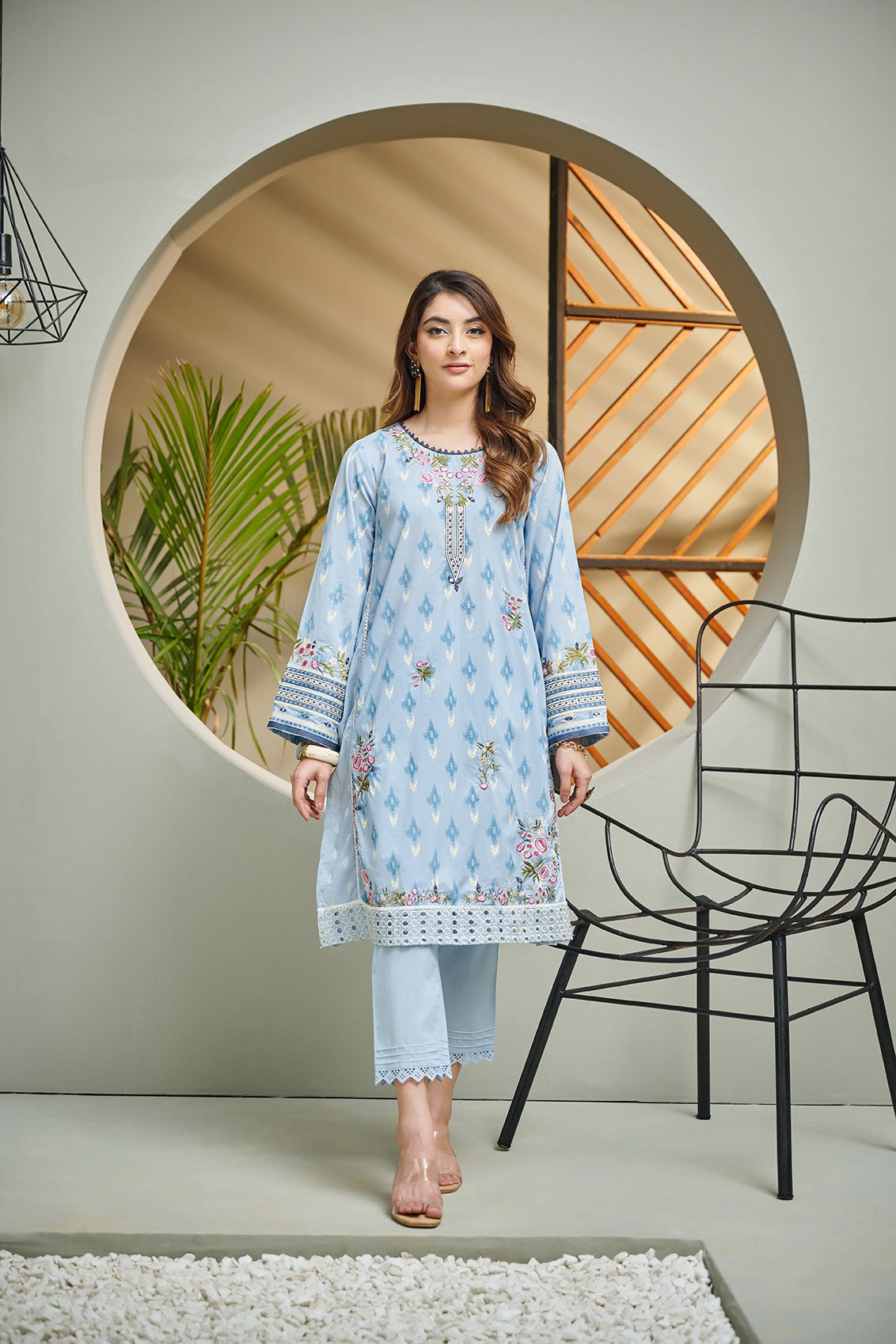 DC-2042 SKY BLUE 2PCS  EMBROIDERED KURTA WITH TROUSER