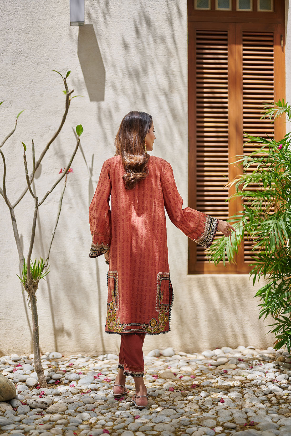 DC-2053 RUST 2PCS  EMBROIDERED KURTA WITH TROUSER