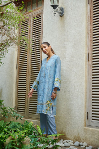 DC-2055 TEAL BLUE 2PCS  EMBROIDERED KURTA WITH TROUSER