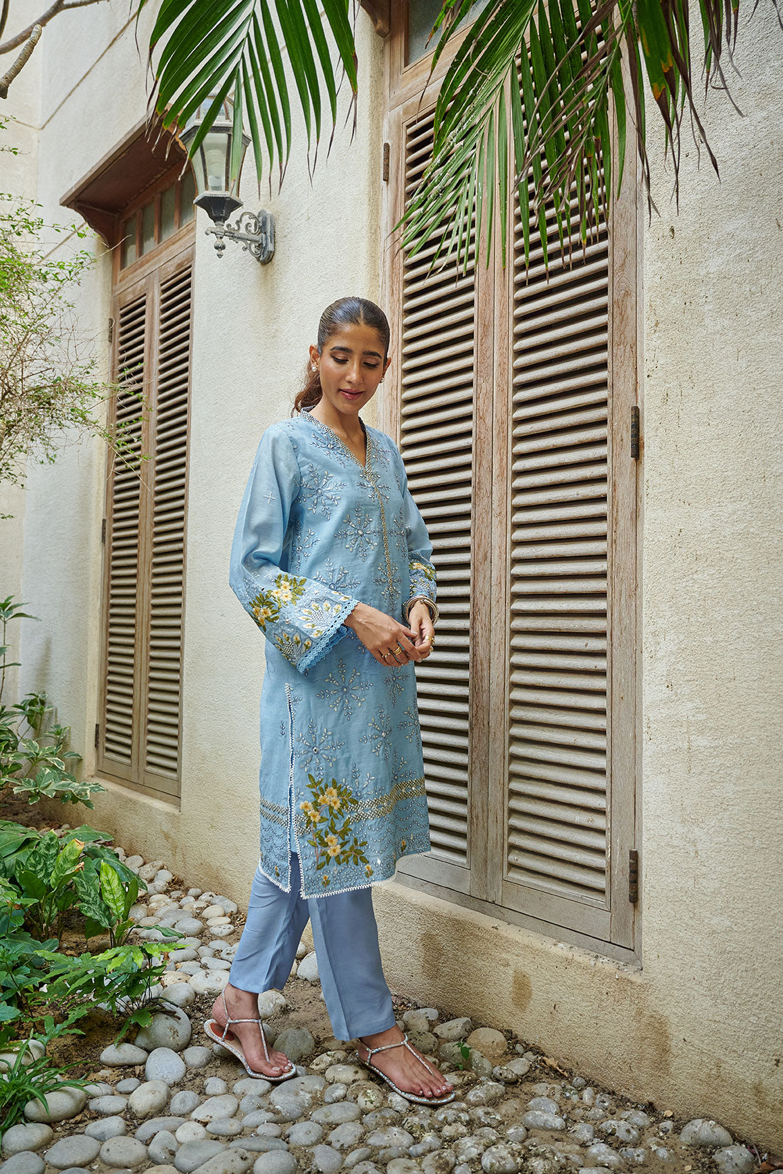 DC-2055 TEAL BLUE 2PCS  EMBROIDERED KURTA WITH TROUSER